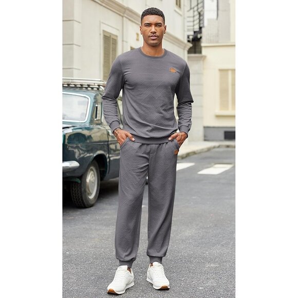 Men's 2 Piece Sweat suit Jogging Suit Set Long Sleeve Jacquard Shirt Dark Grey - Picture 4 of 6